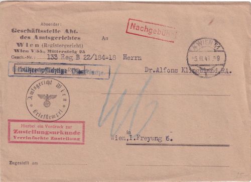 DR - Wien 1943 Gebührenpfl. Dienstsache/Zustellurkunde/Ortsbrief m. Nachporto