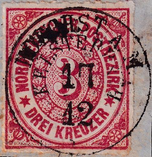 NDP - Postablage Kelsterbach Höchst a/M. 17/12 (1868) K1 3 Kr. dst. Briefstück