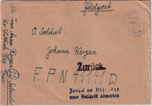 DR - Salmrohr ü. Wittlich Poststelle I Feldpostbrief an FpNr. 41141D Retour 1944