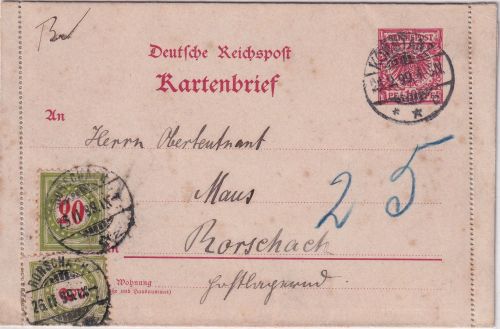 DR - 10 Pfg. K/A Ganzsache Kartenbrief i.d. SCHWEIZ Konstanz - Rorschach 1899
