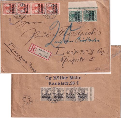 Bayern - Germania/Freistaat unterfrank. Einschreibebrief München - Leipzig 1919
