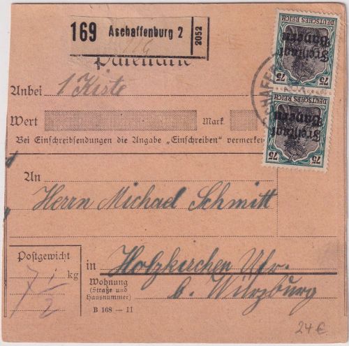 Bayern - 2x75 Pfg. Germania/Freistaat Paketkarte Aschaffenburg Holzkirchen 1919