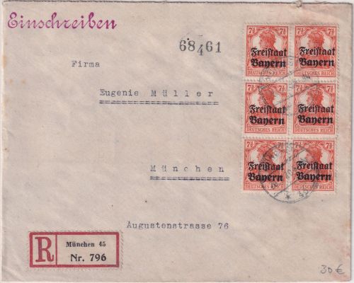 Bayern - 6x7 1/2 Pfg. Germania/Freistaat Orts-Einschreibebrief München 45 1920