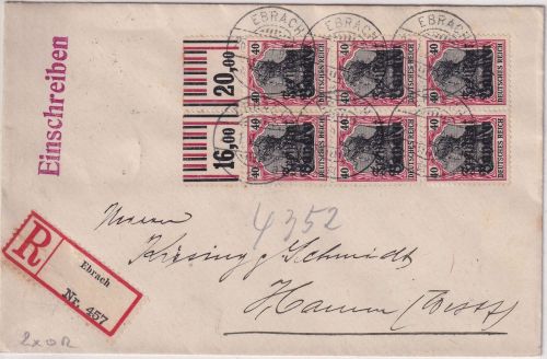 Bayern - 40 Pfg Germania/Freistaat 6er-Block (2xOR) Einschreibebrief Ebrach 1920