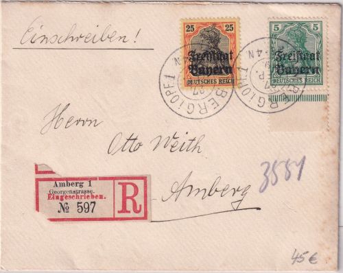 Bayern - 25+5 Pfg Germania/Freistaat Ortseinschreibebrief Amberg 1919