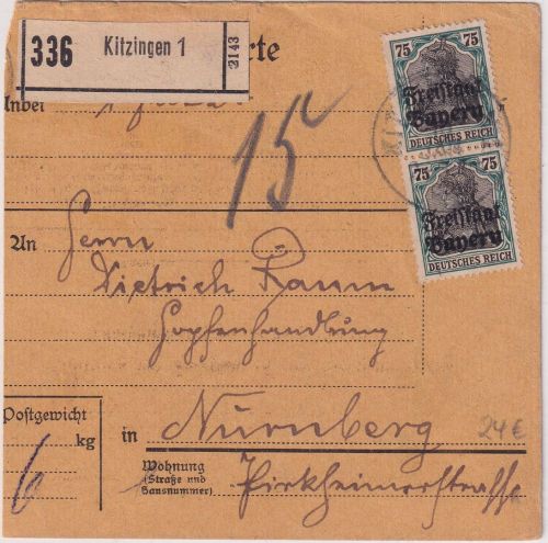 Bayern - 2x75 Pfg Germania/Freistaat Paketkarte Kitzingen - Nürnberg 1920