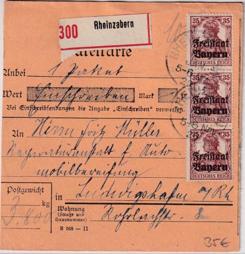 Bayern - 3x35 Pfg Germania/Freistaat Einschreibe-Paketkarte Rheinzabern 7.1.20