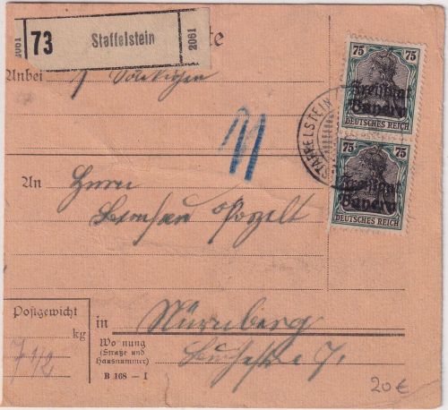 Bayern - 2x75 Pfg Germania/Freistaat Paketkarte Staffelstein - Nürnberg 1920