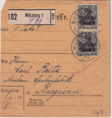 Bayern - 2x75 Pfg Germania/Freistaat Paketkarte Würzburg - Burgsinn 1920