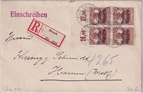 Bayern - 35 Pfg. Germania/Freistaat 4er-Block/OR Einschreibebrief Ebrach 1920