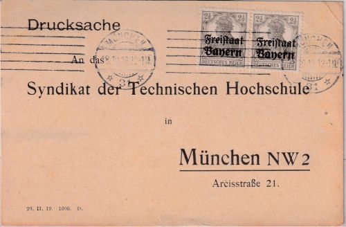 Bayern - 2x2 1/2 Pfg. Germania/Freistaat Drucksache/Ortskarte München 31 1919
