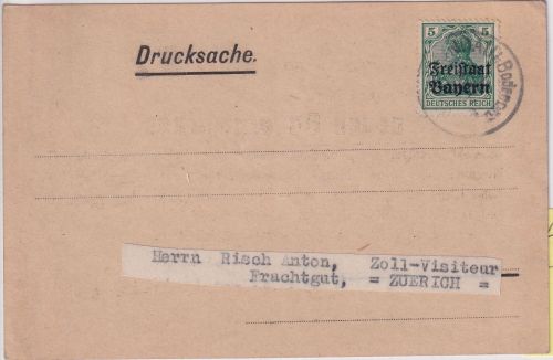 Bayern - 5 Pfg. Germania/Freistaat Drucksachenkarte i.d. SCHWEIZ Lindau 1920