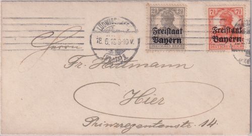 Bayern - 2 1/2+7 1/2 Pfg. Germania/Freistaat Ortsbrief Ludwigshafen 18.6.19