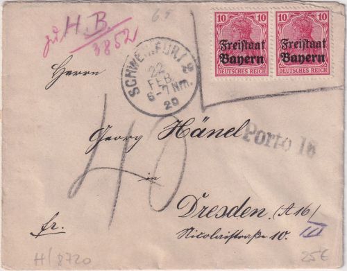 Bayern - 2x10 Pfg Germania/Freistaat Brief Schweinfurt 2 23. FEB 20 Nachporto
