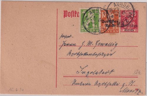 Bayern/DR - 15 Pfg. Ganzsache+Zusatz Mischfrankatur Augsburg Ingolstadt 15.6.20