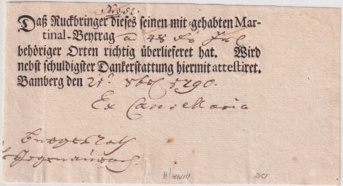 Bayern - Bamberg (Hochstift) teilgedr. Gebührenquittung Martinal-Beitrag 1790