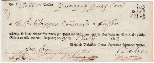 Bayern - Augsburg 1812 Fahrpost-Aufgabeschein Geldpaket (Militaria) n. Füssen