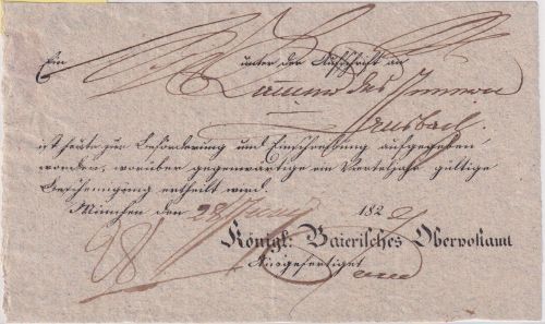 Bayern - München 1822 Briefpost-Aufgabeschein Teilvordruck Kgl. Bay. Oberpostamt