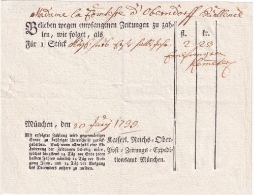 Bayern - München 1799 teilvorgedruckte Zeitungsquittung