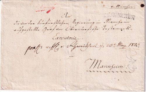 Bayern/Baden - R4 München/hds. "v. München" portofr. Chargebrief n Mannheim 1803