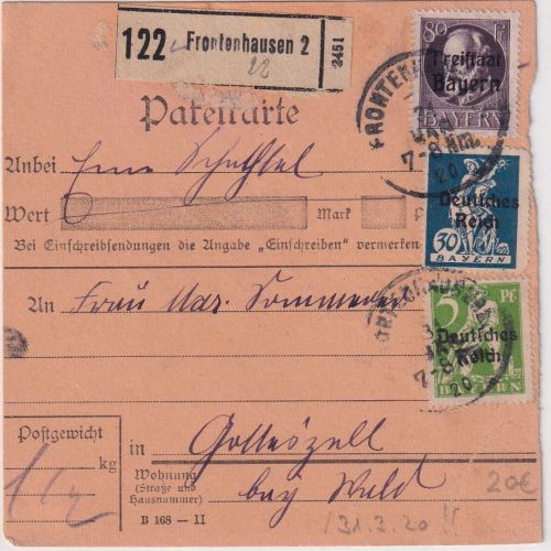 Bayern/DR - 80 Pfg. Ludwig/Volksstaat u.a. Paketkarte Frontenhausen 31.3.20