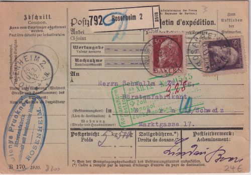 Bayern - 50+80 Pfg Luitpold Paketkarte i.d. SCHWEIZ Rosenheim 2 20. DEZ 12