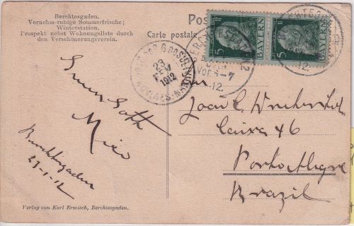 Bayern - 2x5 Pfg Luitpold Karte n. BRASILIEN Berchtesgaden - Porto Alegre 1912