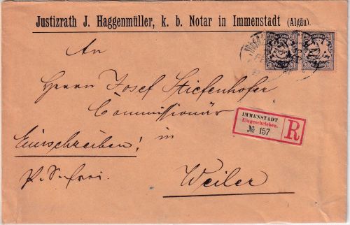 Bayern - 2x20 Pfg Wappen Einschreibebrief (2.Gew.st.) Immenstadt - Weiler 1897