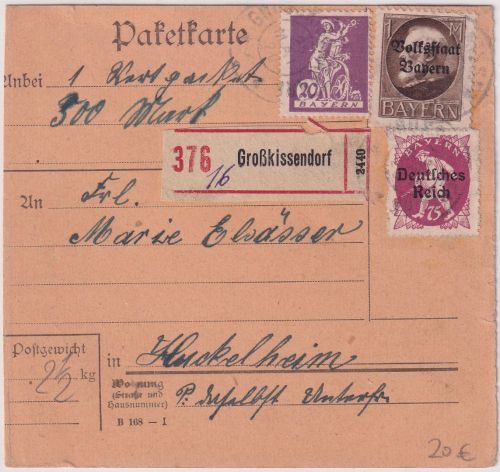 Bayern/DR - 20 Pfg. Abschied u.a. Einschreibe-Paketkarte Grosskissendorf 2.5.20