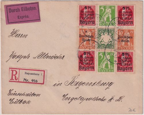 Bayern/DR - 2x5 Pfg. Abschied u.a. Orts-Eil-Einschreibebrief Regensburg 20.4.20