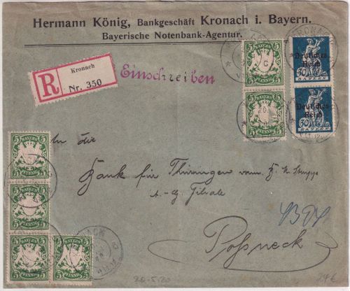 Bayern/DR - 6x5 Pfg. Wappen u.a. Einschreibebrief Kronach - Pößneck 20. MAI 20