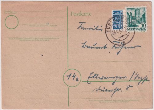 FZ/Württemberg - 10 Pfg. 3. Ausgabe + NO Karte Tübingen - Ellwangen 24.5.49