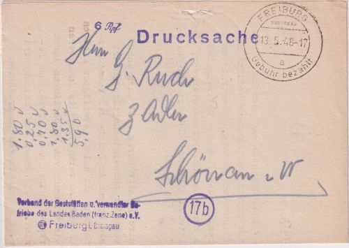 FZ/Baden - Freiburg Gebühr bezahlt Tagesstpl. + "6 Rpf" Gebührenstpl. Drucksache