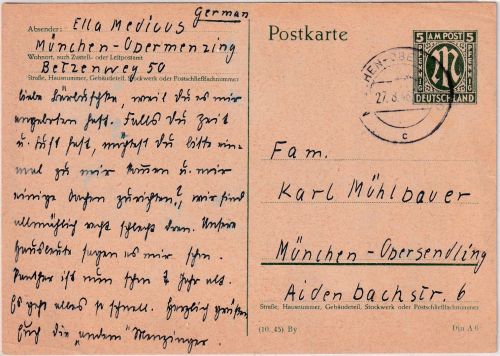 AM-Post - 5 Pfg. Ganzsache Ausg. Bayern Ortskarte München-Obermenzing 27.8.46