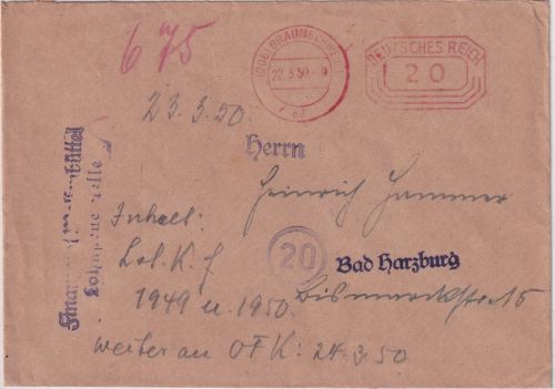 Bizone - Braunschweig 22.3.50 20 Pfg. PFS Rahmen "Deutsches Reich" !! Brief