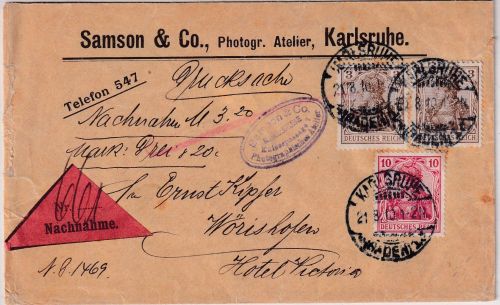 DR - 2x3+10 Pfg. Germania Nachnahme-Drucksachenbrief Karlsruhe - Kitzingen 1910