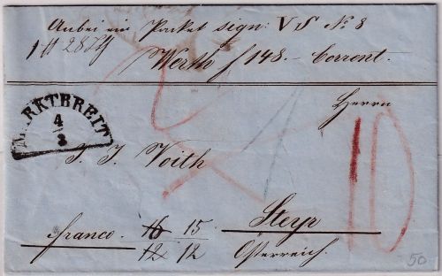 Bayern/Österreich - Marktbreit 4/2 HKS Franco-Paketbegleitbrief n. Steyr 1856