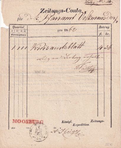 Bayern - Moosburg roter Vorphila-L1 Zeitungsquittung Pfarramt Volkmannsdorf 1862