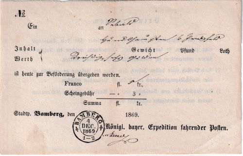 Bayern - Bamberg 4. DEC 1869 OPA-K2 Fahrpost-Aufgabeschein f. Wertpaketsendung
