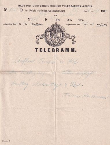 Bayern - Hof 1865 Telegramm aus Grimma Vordruck Dt.-Österr. Telegraphen-Verein