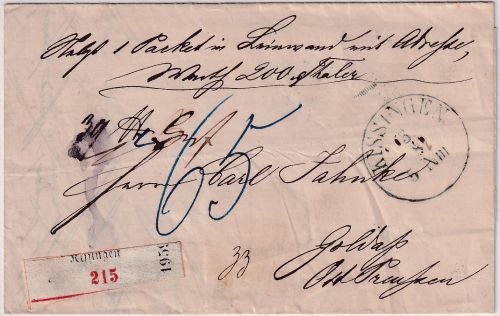Bayern - Kissingen 3/8 K1 Paketbegleitbrief n. Goldap 1873