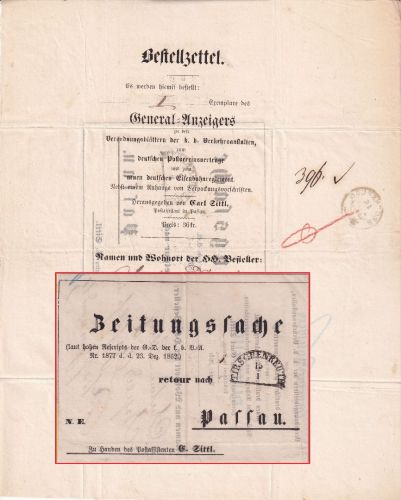 Bayern - Tirschenreuth 15/1 HKS Zeitungssache n. Passau 1863 - mit Inhalt