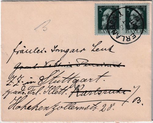 Bayern - 2x5 Pfg. Luitpold Brief München - Karlsruhe 1913 Nachsendung Stuttgart