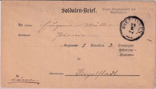 Württemberg/Bayern - Soeflingen 19/2 1894 K3 portofr. Soldatenbrief n Ingolstadt
