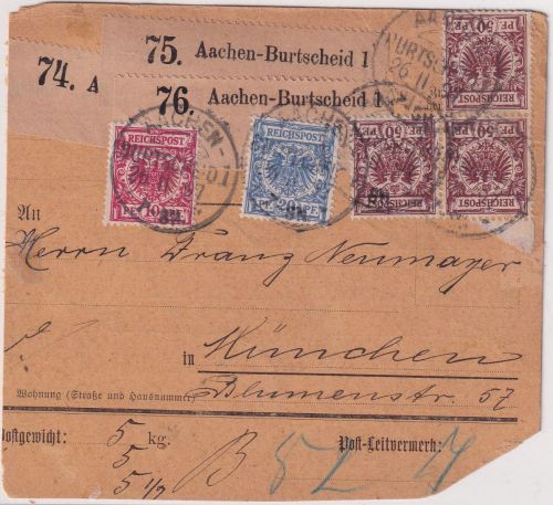 DR - 3x50+20+10 Pfg. K/A Paketkarte (3 Pkte.) KOS Aachen-Burtscheid München 1897