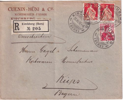 Schweiz - 2x20 Rp. sitz. Helvetia u.a. Einschreibebrief Kirchberg - Küps 1912