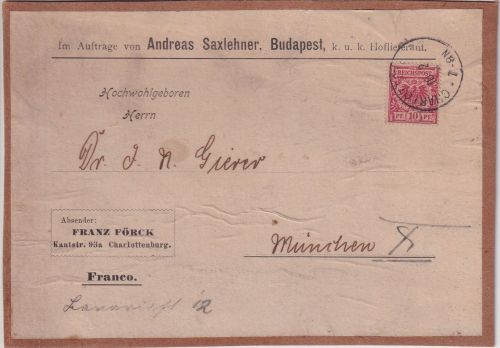 DR - 10 Pfg. K/A Drucksache bis 250g (Vds) Charlottenburg - München 1891