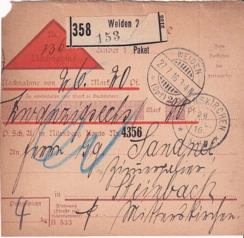 Bayern - Weiden 1917 unfrank. Nachnhame-Paketkarte n. Steinbach/Mitterskirchen