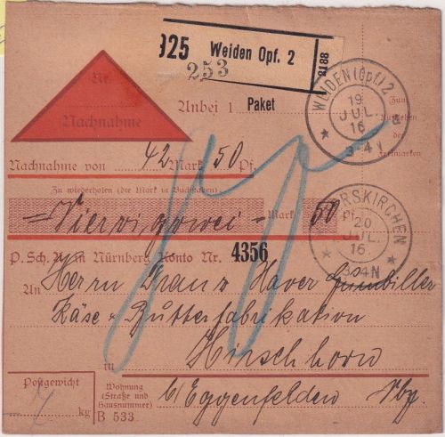 Bayern - Weiden1916 unfrank. Nachnahme-Paketkarte n. Hirschhorn b. Eggenfelden