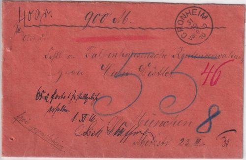 Bayern - Cronheim 1910 unfrankierter Wertbrief n. München - 55 Pfg. Nachporto